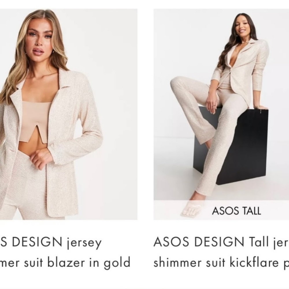 Asos DESIGN jersey shimmer suit champagne glitter blazer and pants set tall